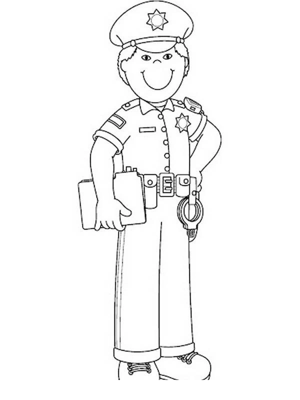 Coloring book policeman with handcuffs